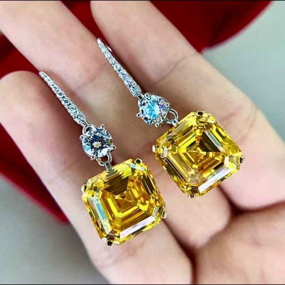 Silver Citrine Yellow Diamond Cubic Zirconia Dangle Earrings - Picture 6 of 6